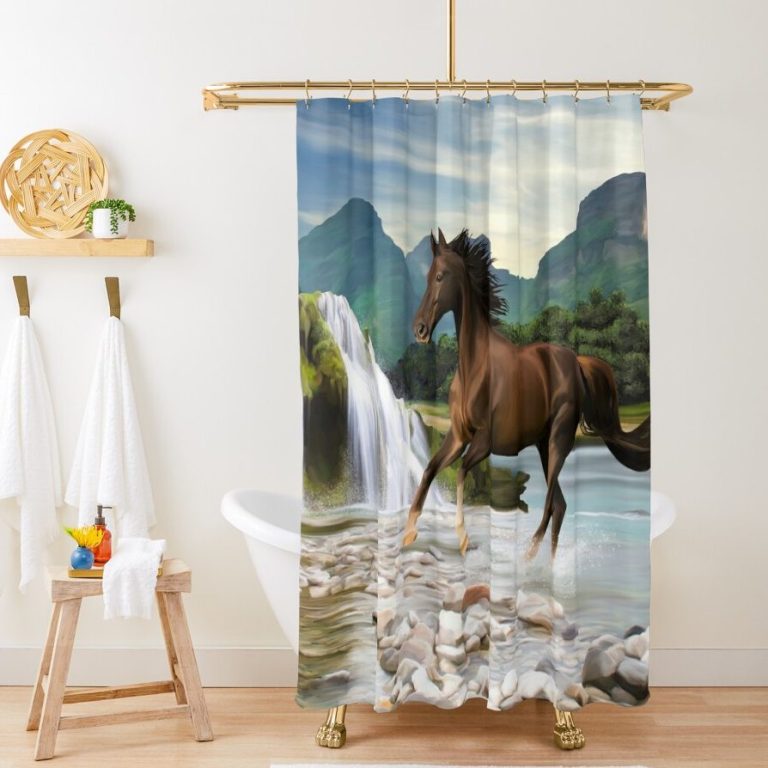 Shower curtain showing a horse and waterfalls